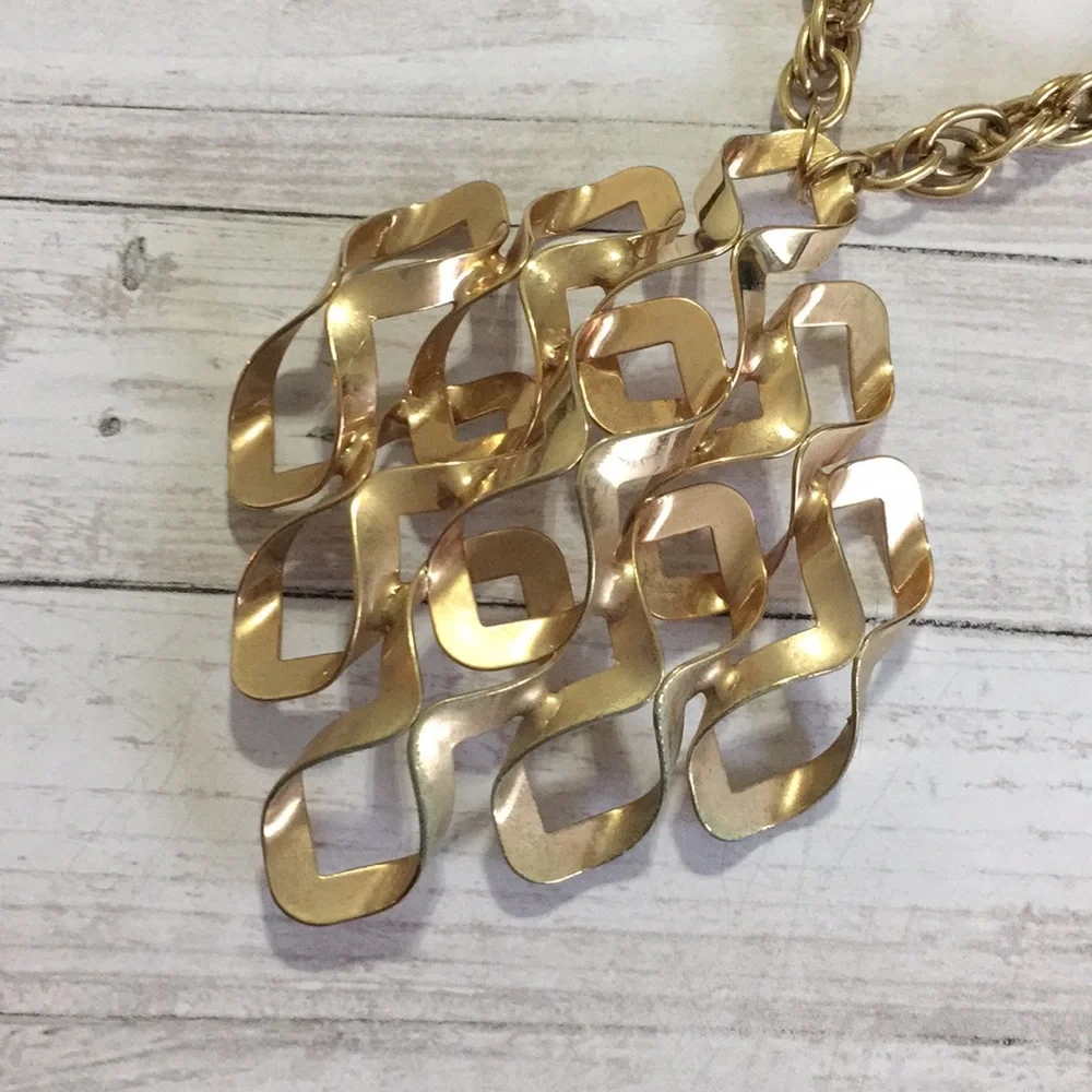 Vintage Bold Large Chunky Intricate Gold Pendant Necklace Statement Sculpture